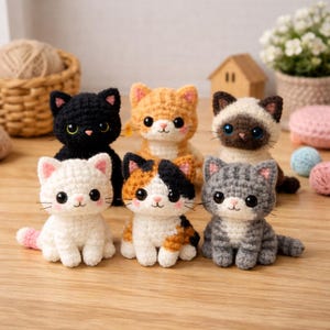 Könnte beinhalten: Sechs handgefertigte Häkelkatzenfiguren in verschiedenen Farben, darunter Schwarz, Orange-Tabby, Siam, Weiß, Calico und Grau. Jede Katze hat detaillierte Merkmale, einschließlich Schnurrhaare und rosige Wangen, und sitzt auf einer Holzoberfläche.