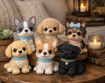 Paquete de 6 patrones de ganchillo para miniperros, conjunto de cachorros amigurumi (descarga en PDF)