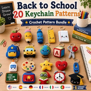 Back to School Crochet Keychain Patterns Bundle, 20 Amigurumi School Supplies (PDF Download)