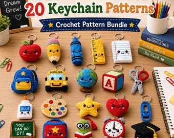 Paquete de patrones de llaveros de ganchillo para la vuelta al cole, 20 artículos escolares de amigurumi (descarga en PDF)