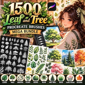 Könnte beinhalten: Ein digitales Kunstpaket mit 1500 Procreate-Pinseln für Blätter und Bäume. Die Grafik zeigt verschiedene weiße Blatt- und Baumsilhouetten auf schwarzem Hintergrund sowie farbenfrohe Illustrationen von Bäumen, Laub und einer Person, die ein Tablet benutzt.