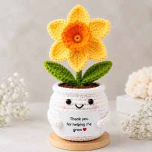 May include: A crocheted yellow and orange daffodil flower with green leaves, planted in a white crocheted pot with a smiling face. The pot holds a white sign that reads: Thank you for helping me grow with a small red heart icon at the end.