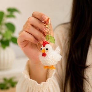 May include: A beaded chicken keychain featuring a white body, a red comb and wattle, an orange beak, and orange feet. The chicken has small black eyes and is attached to a gold-toned metal lobster clasp by a short chain with a green leaf charm.