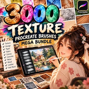 Könnte beinhalten: Eine Werbegrafik für ein digitales Kunstpaket mit dem Text 3000 TEXTURE PROCREATE BRUSHES MEGA BUNDLE. Das Bild zeigt einen Tablet-Bildschirm mit einer Landschaftsmalerei, eine Liste von Texturarten und das Procreate-Logo oben rechts.