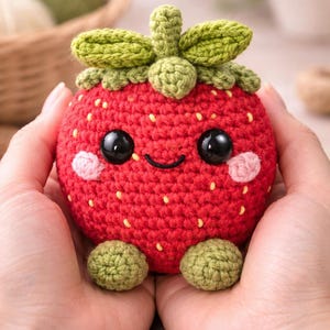 May include: A handmade, crocheted strawberry with a smiling face, black eyes, and pink cheeks. The red fruit has green leaves and small yellow seeds. The amigurumi is held in two hands.