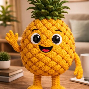 May include: A handcrafted, smiling pineapple plushie with a yellow body, green leafy crown, and black and white eyes. The plushie has arms and legs, and is waving. The pineapple is made of yarn and sits on a wooden table.