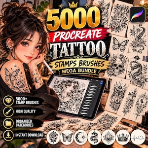 May include: A digital bundle of 5000 Procreate tattoo stamp brushes featuring black and white illustrations of butterflies, skulls, tigers, wolves, and floral designs. The set includes a tablet displaying brush previews and various printed design sheets.