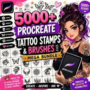 May include: A digital graphic advertisement for a Procreate tattoo stamp and brush mega bundle featuring over 5000 designs. The image displays a stylized character holding a tablet, surrounded by various black and white tattoo art icons like flowers, skulls, and butterflies, with bold pink and white text overlays.