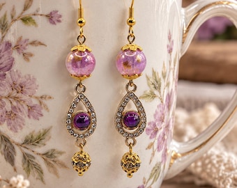 Handmade Teardrop Earrings, Purple Pink Rhinestone Dangle, Gold Plated Sterling Silver (Vintage Inspired)
