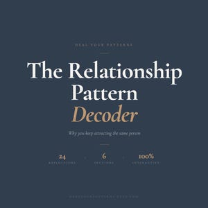 May include: A navy blue graphic with the text "The Relationship Pattern Decoder" in white and gold. The text below reads "Why you keep attracting the same person." Additional text indicates 24 reflections, 6 sections, and 100% interactive.