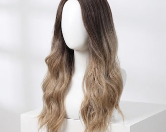 Ombre lange golvende pruik, 26 inch 65 cm synthetisch haar, middelste deel hittebestendig, natuurlijke uitstraling, cosplaypruik, damesmodepruik