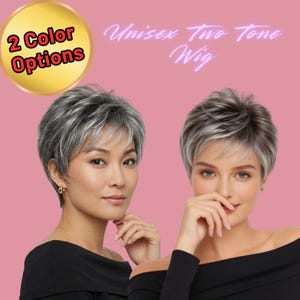 Puede incluir: Dos mujeres con pelucas unisex de dos tonos con cortes cortos y en capas. Las pelucas son grises y marrones con reflejos. La imagen incluye el texto "2 Color Options" y "Unisex Two Tone Wig". El fondo es rosa.