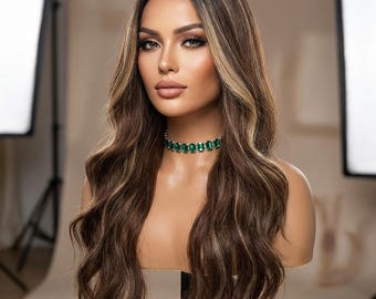 Bruinblonde pruik, lange golvende pruik 28 inch, pruik gemengd blond haar, synthetische pruik met grote krul, natuurlijk ogende pruik, hittebestendige pruik