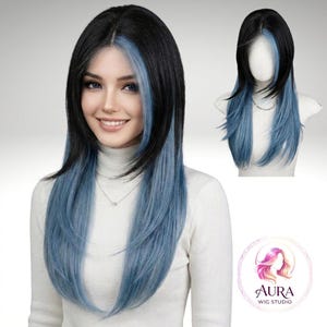 Long Straight Wig, 60cm Black Hair with Blue Highlights, Synthetic Wig, Heat Resistant Fiber, Natural Looking Sleek Hair, Women Fashion Wig