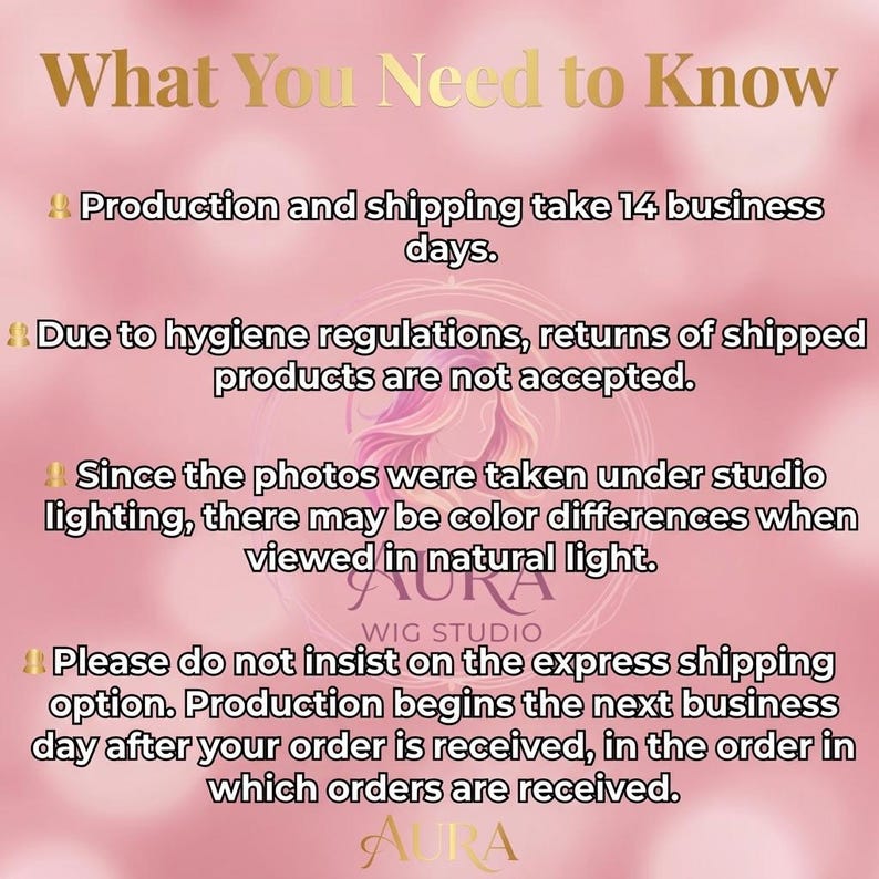 Op de afbeelding: Roze achtergrond met gouden tekst met de tekst "Wat u moet weten". De tekst geeft informatie over productie, verzending, retourzendingen, kleurvariaties en verzendopties. Het Aura Wig Studio-logo is ook zichtbaar.