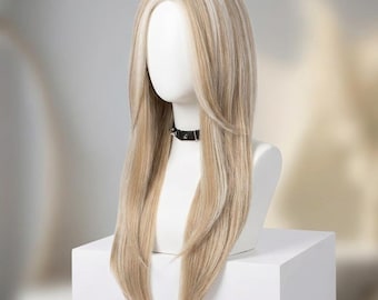 Blonde ombre-pruik, lang recht 26 inch 65 cm synthetisch haar, Hittebestendige natuurlijke haarlijn, middendeel, pruik met kant
