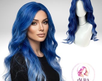 Peluca larga rizada, cabello ondulado de 75 cm, peluca con reflejos azules, fibra sintética resistente al calor, cabello ondulado de aspecto natural, peluca para cosplay,