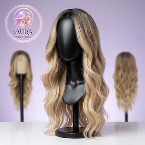Ombre Blonde Curly Wig 26 Inches, High Temperature Fiber Wig, Natural Hairline Lace Wig, Long Wavy Synthetic Wig, Realistic Scalp Hairpiece