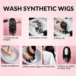 Op de afbeelding: Afbeelding met stappen voor het wassen van synthetische pruiken. De stappen omvatten het kammen, shampoo&euml;n, spoelen, toevoegen van conditioner, opnieuw spoelen, drogen met een handdoek en plaatsen van de pruik op een standaard. De tekst "WASH SYNTHETIC WIGS" staat bovenaan.