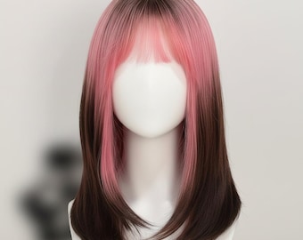Roze zwarte ombre-pruik aardbei Oreo, lange synthetische pruik van 56 cm, hittebestendige haarpruik, schattige esthetische cosplaypruik, animepruik