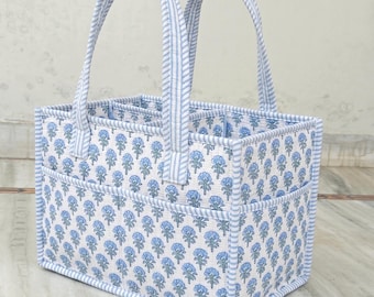 Blue Floral Quilted Cotton Nappy Caddy, Baby Diaper Organizer Basket, Nursery Storage Bin