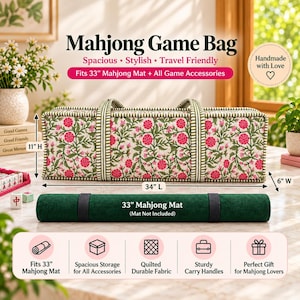 May include: A rectangular Mahjong game bag with a floral pattern of pink flowers and green leaves on a cream background, featuring green and white striped handles. It measures 34 inches long, 11 inches high, and 6 inches wide, with text labels.