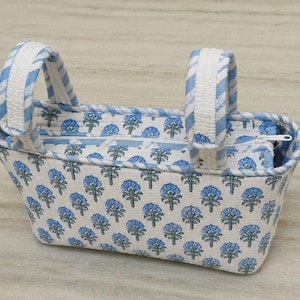 Puede incluir: Un bolso rectangular de tela acolchada con un patrón floral azul y verde repetido sobre un fondo blanco. El bolso incluye dos asas cortas con un diseño de rayas diagonales azules y blancas y un cierre de cremallera blanco en la parte superior.