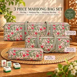 Handgjord quiltad bomulls Mahjong-väska, blommönster, reseorganisatör (3-delad)