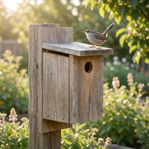 Puede incluir: Una casa para pájaros de madera desgastada montada sobre un poste vertical, con un techo plano y un orificio de entrada circular. Un pequeño pájaro marrón y blanco con la cabeza rayada se encuentra sobre el techo de la estructura de madera.