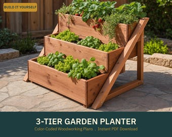 3 lagen verhoogde tuinplanterplannen - kleurgecodeerde pdf-houtbewerkingsblauwdruk - DIY ceder traptrede verticaal bed - direct downloaden
