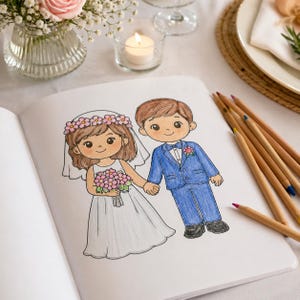 Könnte beinhalten: Eine Ausmalseite mit einer Illustration von Braut und Bräutigam. Die Braut trägt ein weißes Kleid, einen Schleier und einen Blumenkranz und hält einen rosa Blumenstrauß. Der Bräutigam trägt einen blauen Anzug mit Fliege. Farbstifte sind rechts.