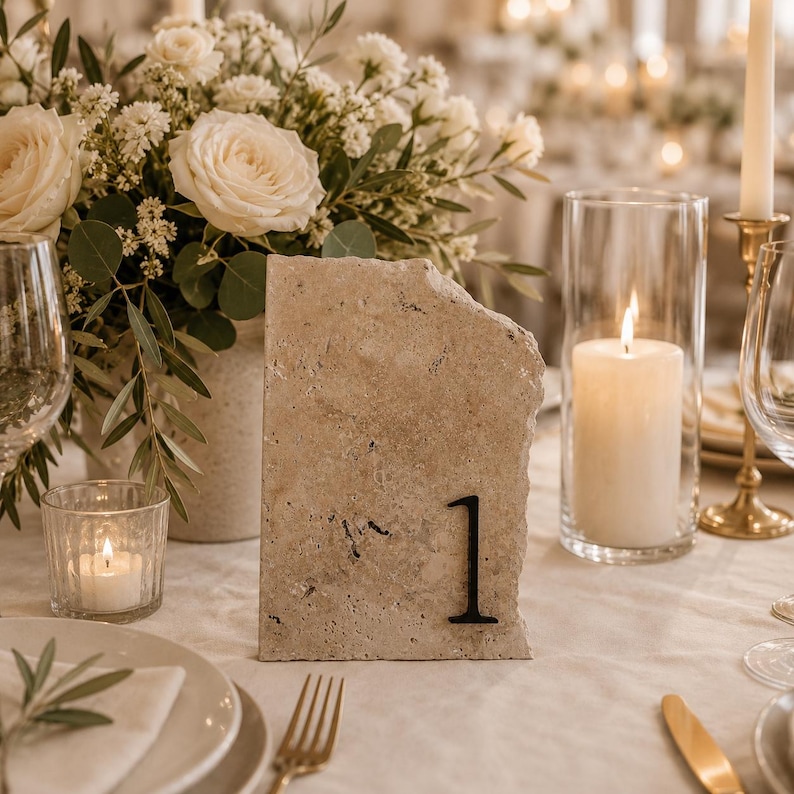 Travertine natural stone table numbers | Wedding table decoration | Black & white | Customizable | Mediterranean wedding | Wedding table numbers image 6