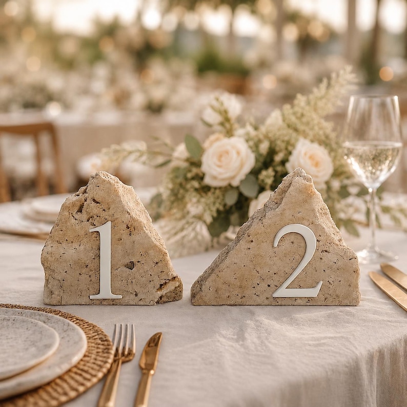Travertine natural stone table numbers | Wedding table decoration | Black & white | Customizable | Mediterranean wedding | Wedding table numbers image 7