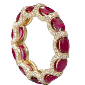 18K Yellow Gold Oval Ruby Diamond Halo Eternity Band Ring