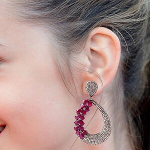 Victorian Ruby Diamond Drop Earrings | Natural Ruby Crescent Dangle Earrings | Sterling Silver Vintage Jewelry