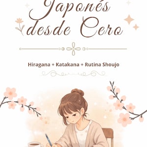 Puede incluir: Ilustración de una mujer estudiando japonés, con el texto "Japonés desde Cero" y "Hiragana + Katakana + Rutina Shoujo." La imagen muestra a una mujer escribiendo en un cuaderno, con una taza de café y un libro sobre la mesa. Ramas de flores de cerezo enmarcan la escena.