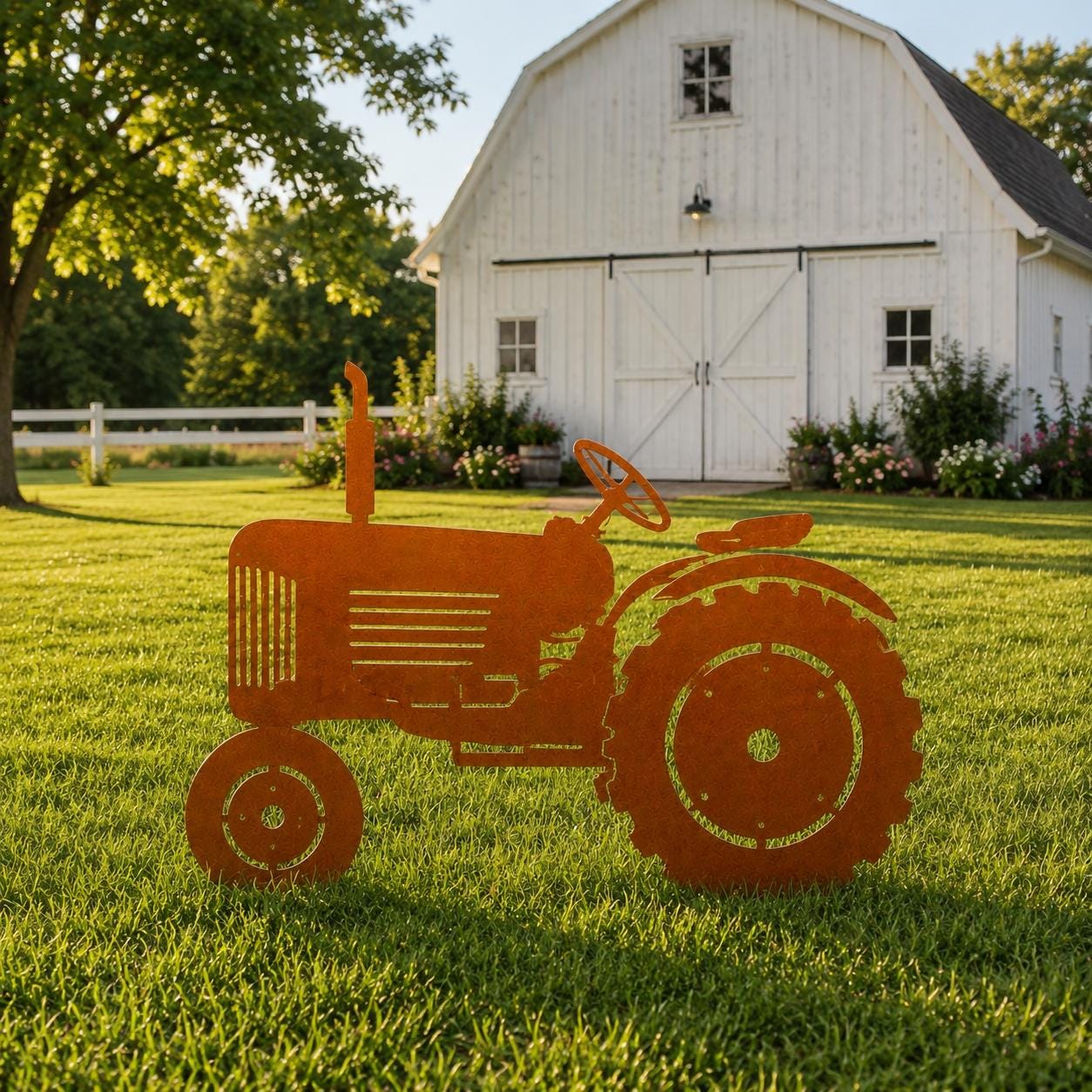 Rusted metal tractor garden stake, custom farm yard art, housewarming gift, retro agriculture decoration, lawn sculpture