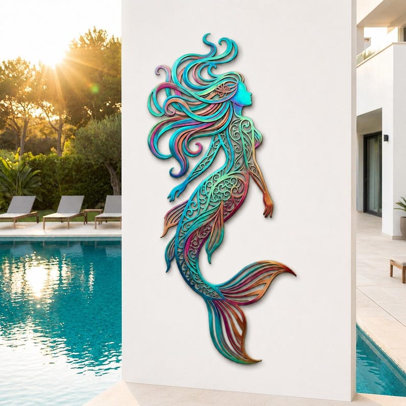 Colorful Mermaid Metal Wall Art, Coastal Beach House Decor, Nautical ...