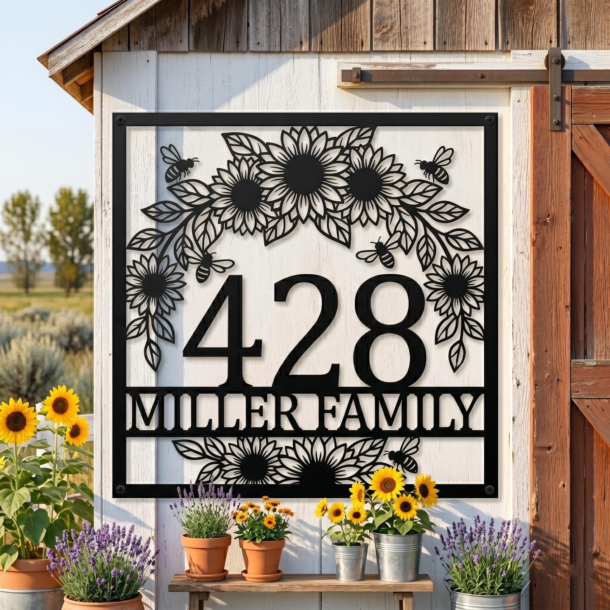 Custom Sunflower House Number Metal Sign, Personalized Family Name Address Plaque, Bee Garden Decor