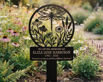 Personalized Dragonfly Memorial Garden Stake, Custom Metal Sympathy Marker, Wildflower Grave Decor, Outdoor Remembrance Gift