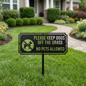 May include: A black metal sign with a green and white design that reads "PLEASE KEEP DOGS OFF THE GRASS" and "NO PETS ALLOWED". The sign has a decorative border and a graphic of a dog with a red slash through it.