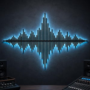 Metalowy znak LED z falą muzyczną, grafika ścienna z falą dźwiękową, dekoracja ścienna z częstotliwością dźwięku, dekoracja ścienna do studia nagraniowego, prezent muzyczny, prezent dla audiofila
