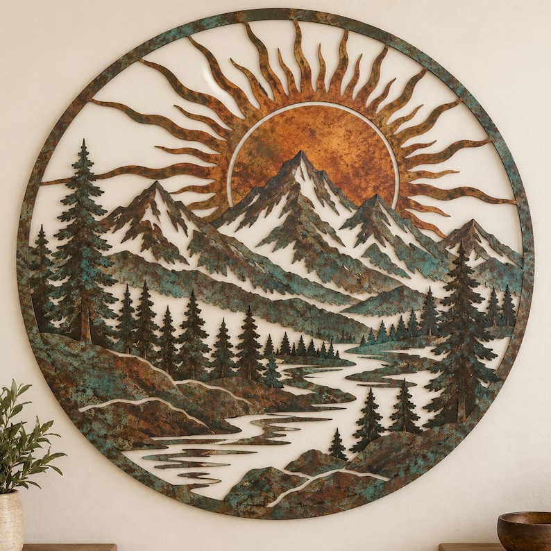 Round Mountain Metal Wall Decor, Rustic Forest Wall Art, Patina ...