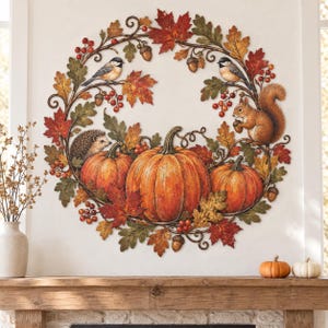 May include: A circular wall decoration featuring a metal wreath design with autumn leaves, red berries, and acorns. The scene includes three orange pumpkins, a hedgehog, a squirrel, and two small birds perched on branches within the foliage.