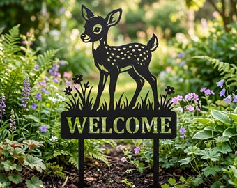 Pieu de jardin en métal chevreuil, panneau de bienvenue faon, déco jardin chevreuil, décoration jardin bois, décoration pelouse, cadeau pour amoureux de la nature