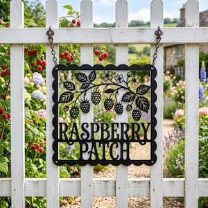 Op de afbeelding: Een zwart metalen bord met een geschulpte rand, hangend aan twee kettingen aan een wit houten hek. Het bord heeft een lasergesneden ontwerp van frambozentakken met bladeren, bessen en bloemen, met de tekst RASPBERRY PATCH eronder gecentreerd.