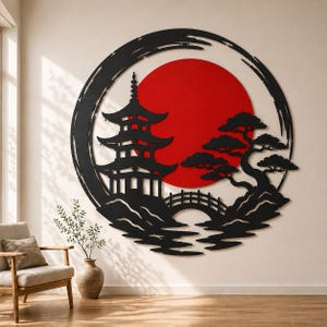 Japansk zen-metallskylt, väggkonst med pagodsolnedgång, orientalisk zenträdgårdsdekor, japansk heminredning, inflyttningspresent, kontorsinredning