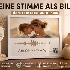 May include: A framed photo with a picture of a mother and child, with the text "DEINE STIMME ALS BILD" and "Alles Liebe zum Muttertag." A QR code and sound wave graphic are also present. Decorative vases and a candle are in the background.