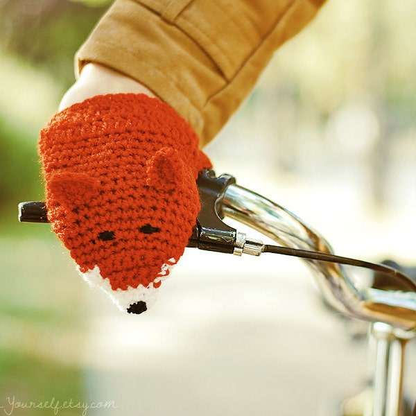 Bike gloves, bike mittens,BIKE FOX HANDWARMERS Gloves Wool Crochet Winter Cold Days Unisex Woman Man Teens Cozy Gift