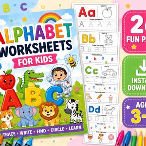 Pode incluir: Um livro de exercícios de alfabeto para crianças com encadernação em espiral, ilustrações coloridas e o texto "ALPHABET WORKSHEETS FOR KIDS". Inclui 26 páginas divertidas, download instantâneo e é para idades de 3 a 6 anos. Com letras, animais e "TRACE • WRITE • FIND • CIRCLE • LEARN".